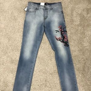 Rustic Dime Cherry Blossom Embroidery Slim Jeans